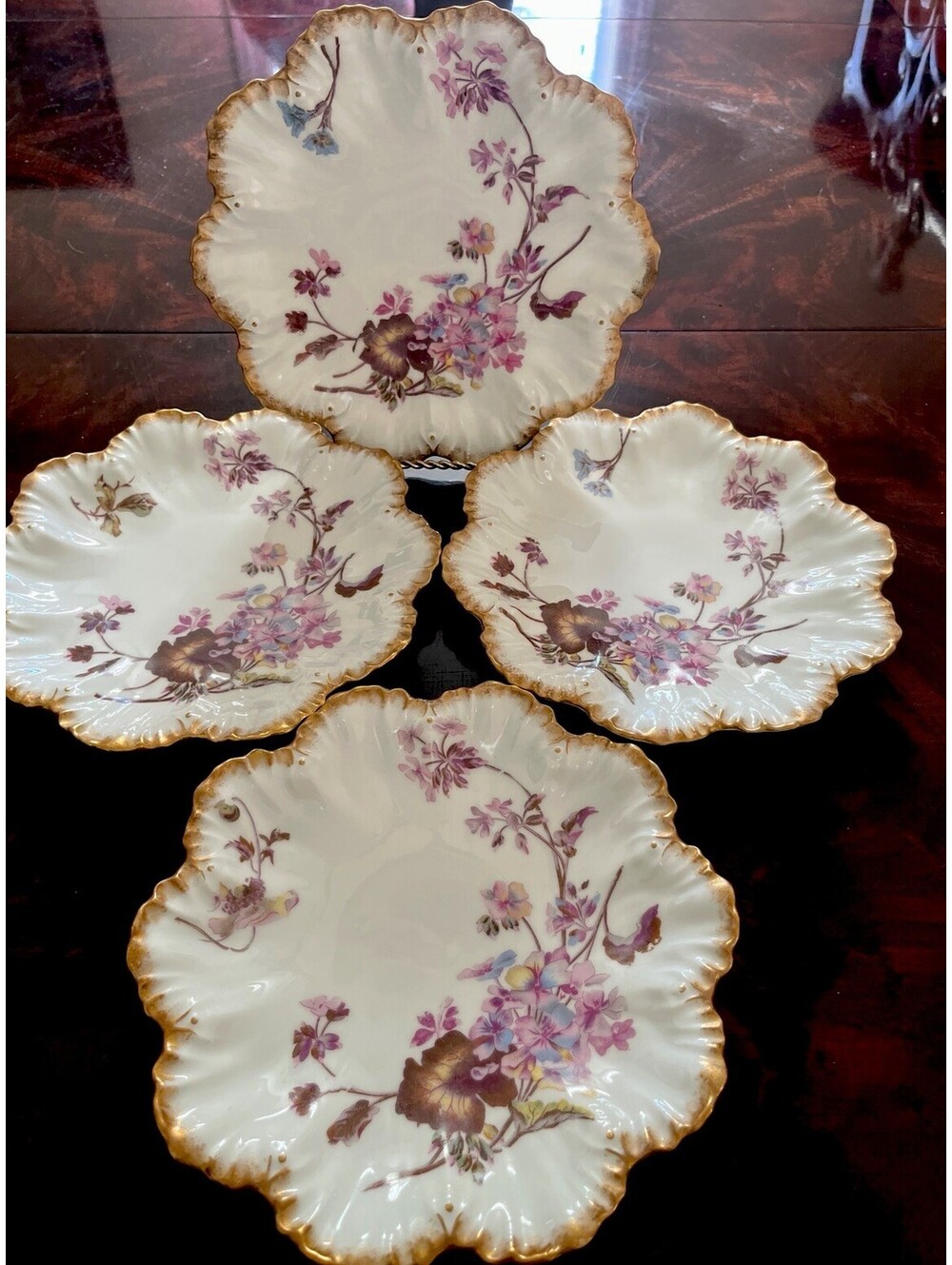 Set 4 Antique Limoges France H.L. Depose 9” Hand Painted Floral Plates Scalloped